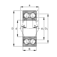 角接觸球軸承 3312-B-TVH, 根據(jù) DIN 628-3 標(biāo)準(zhǔn)的主要尺寸，雙列，接觸角 α = 25°