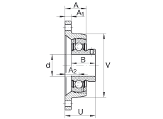 軸承座單元 PCJTY5/8, 對角法蘭軸承座單元，鑄鐵，根據(jù) ABMA 15 - 1991, ABMA 14 - 1991, ISO3228 內(nèi)圈帶有平頭螺栓，P型密封，英制