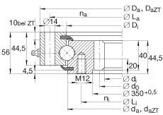 四點接觸球軸承 VSI200414-N, 標準系列 20， 內部的齒輪齒，兩側唇密封